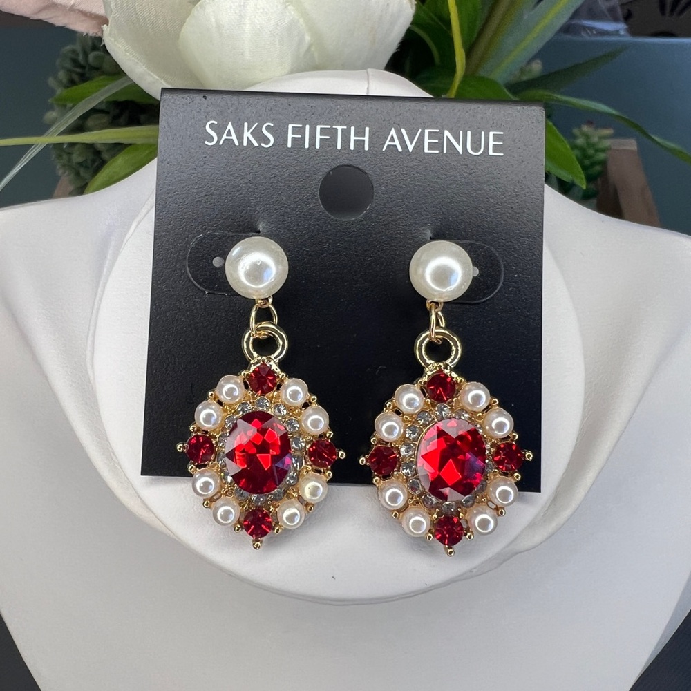 Saks Fifth Avenue Faux Pearl and Red Crystal Earrings